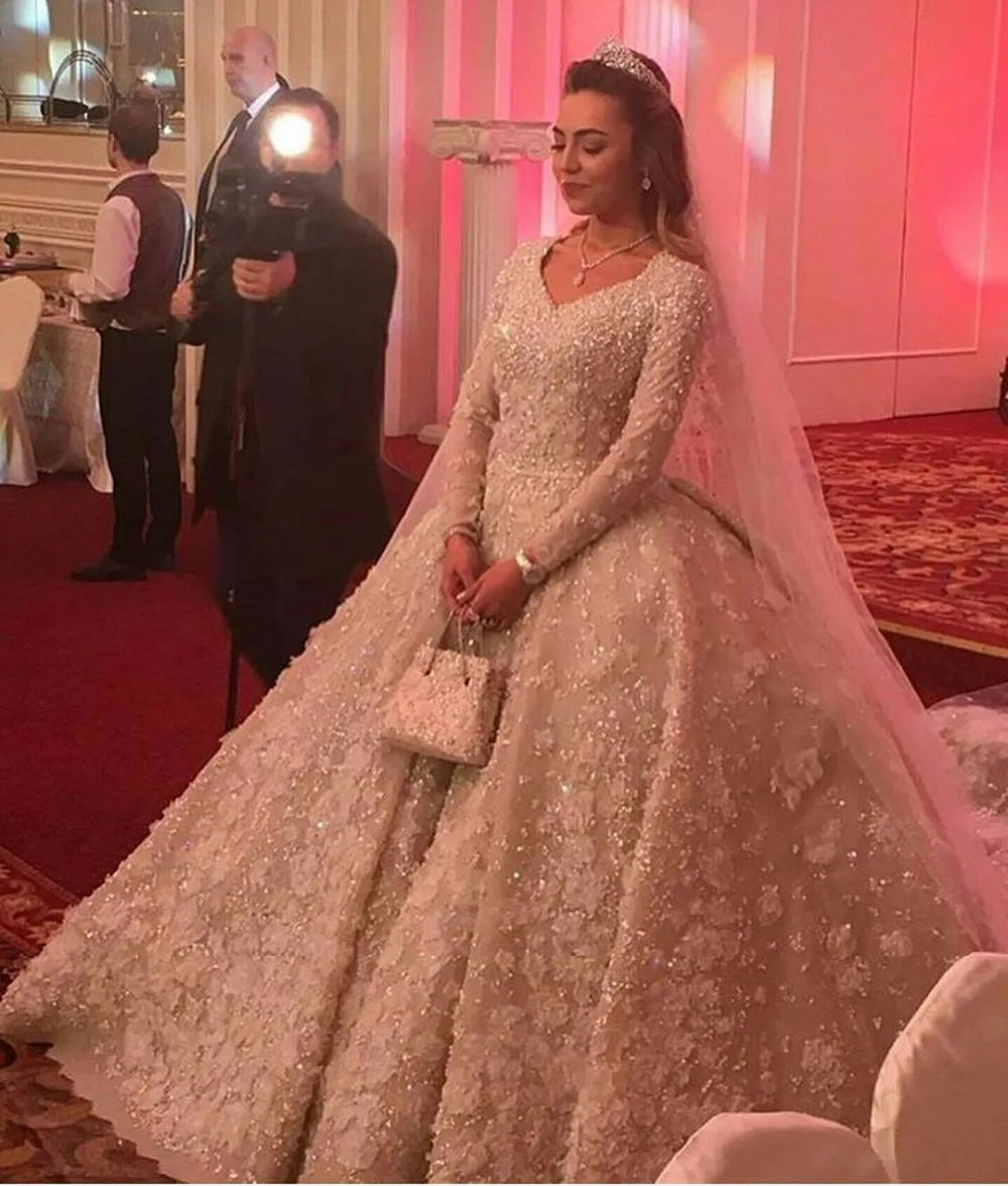 2020 Real Image Long Sleeve Muslim bridal Gown Flowers Appliques Vestido De Noiva Casamento Lace mother of the bride dresses