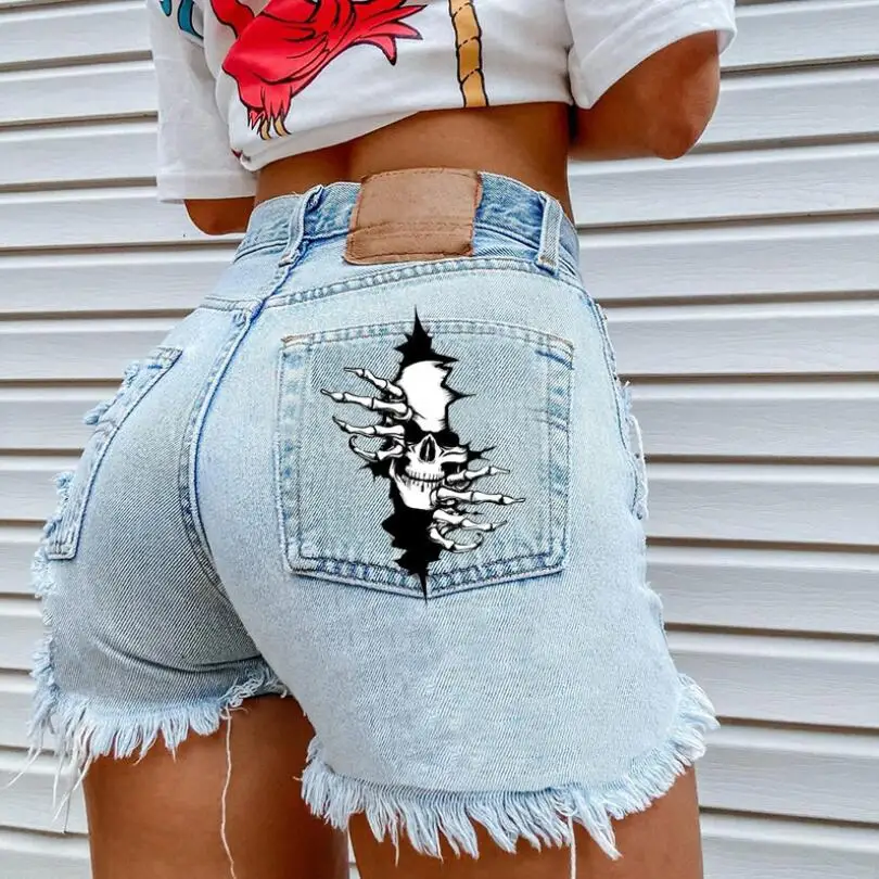 Sommer Frauen Denim Shorts 2021 Mode Schädel Knochen Drucken Hohe Taille Lässige Ripped Jeans Shorts Spodenki Damskie w2657