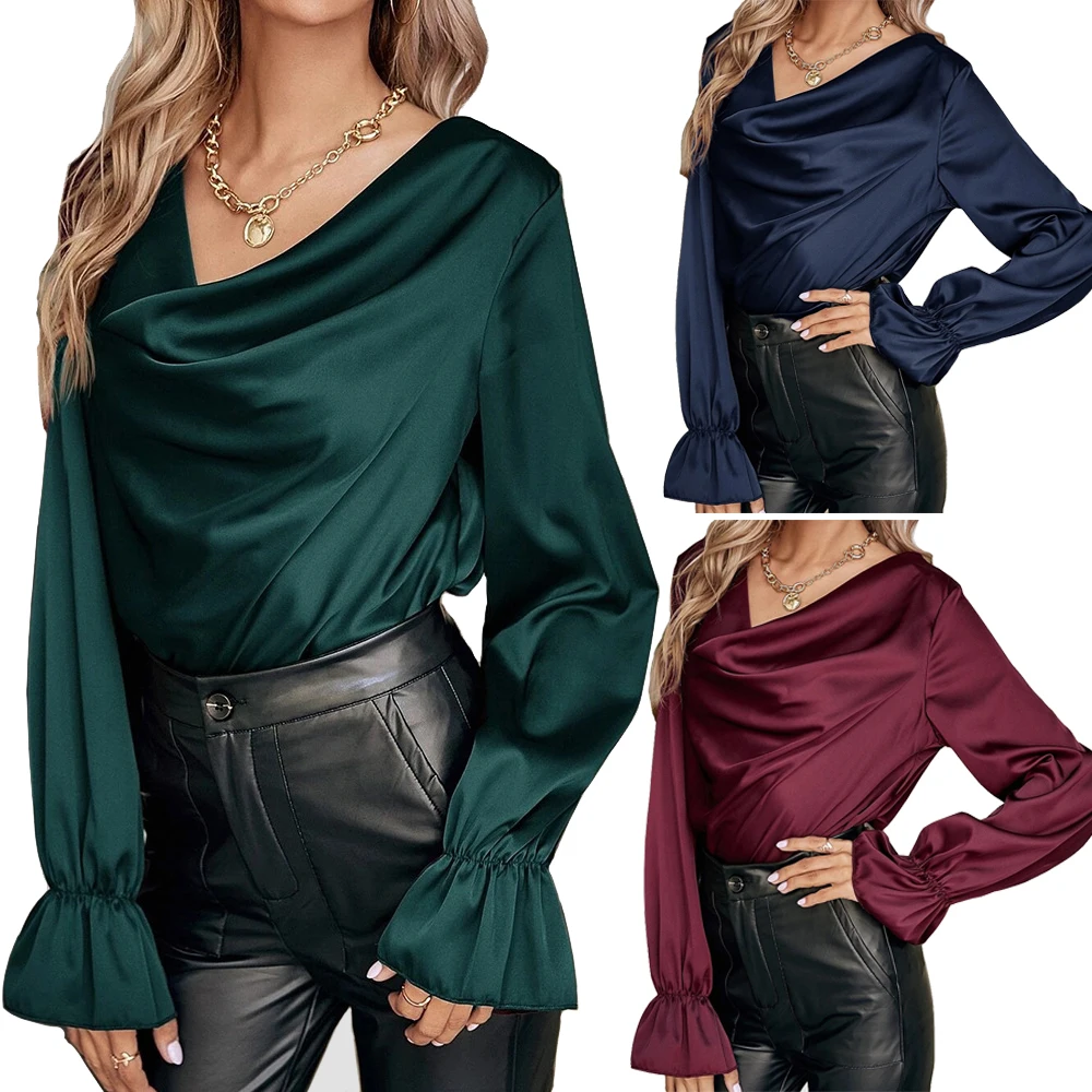 Women Satin Blouse Elegant Shirt 2022 Spring Long Lotus Sleeve Office Ladies Pile Collar Silk Top Women's Casual Party Blusas