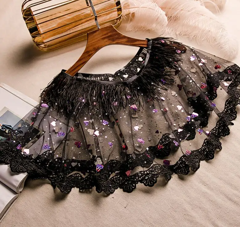 Women's Spring Summer shiny sequins beaded tassel mesh cloak lace Pashmina Female Summer Vintage Sunscreen Lace Shawl R1786