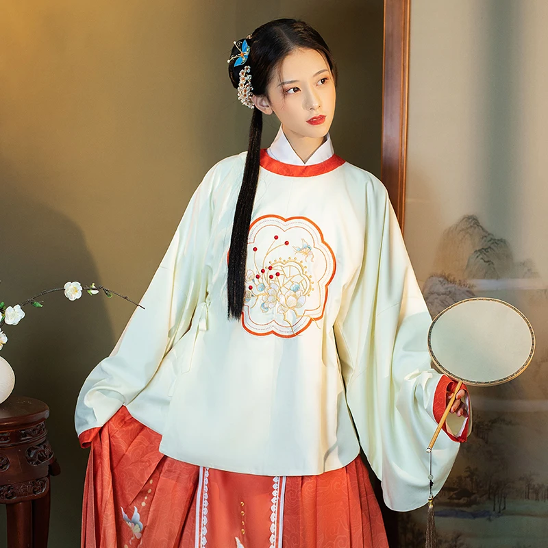 Hanfu Dress Round Neck Ming Dynasty Embroidered Hanfu Double-Layer Big Breasted Coat Hanfu Skirt Chinese Dance Costumes SL4636