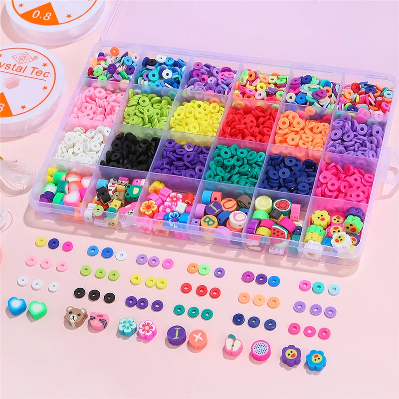 Flat Round Polymer Clay Spacer Beads Kit DIY Bracelet Necklace Accessories Colorful Fruit Flower Heart Beads for Jewelry Making