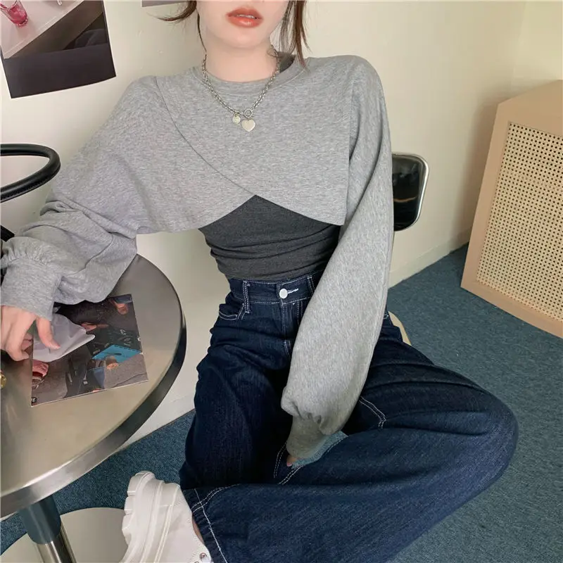 Short-style Sweatshirts Women Loose Simple Solid Irregular Casual Baggy Lantern Sleeve Bolero Dance Hip Hop Crop Tops Streetwear