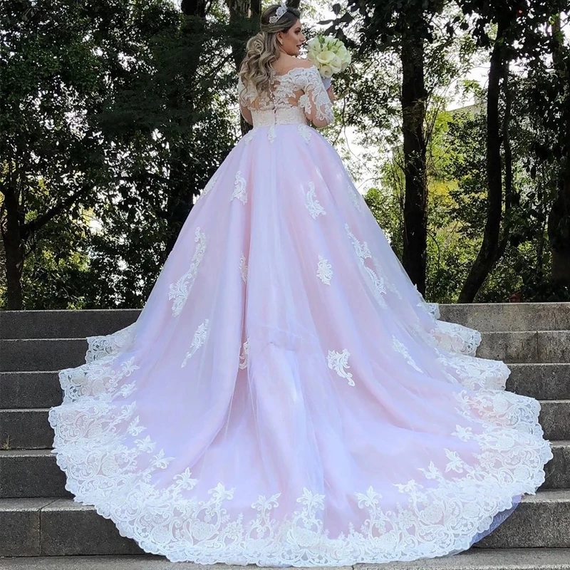 Glamorous a-الخط الدانتيل زينة حجم كبير فساتين الزفاف الوردي Vestido de Novia طول الأرض رقبة سكوب كم طويل فستان زفاف