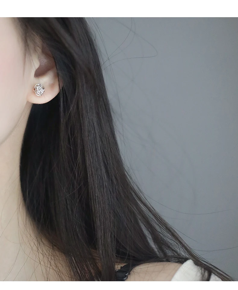 Fashion Personality Silver Hollow Winding Skein Small Earrings Handmade Line Ball Brilliant Creative Students Small Jewelry Gift