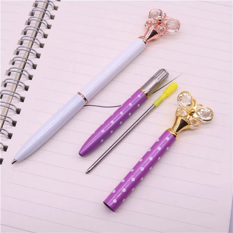5 Pcs Crystal Butterfly ballpoint pen 0.7mm bullet tip Metal ball pen Student Office Stationery Writing pen Black refill