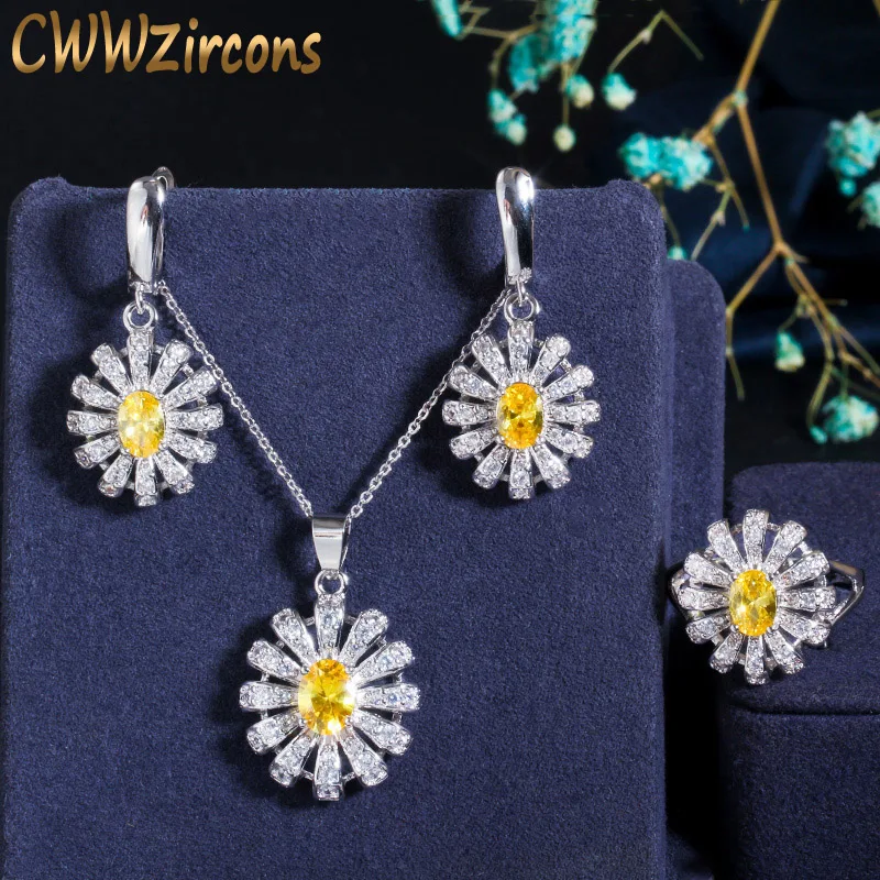 CWWZircons 3 pcs Gorgeous Cubic Zirconia Sun Flower Necklace Earring Ring Set Fashion Ladies Jewelry Sets Chic Accessories T281