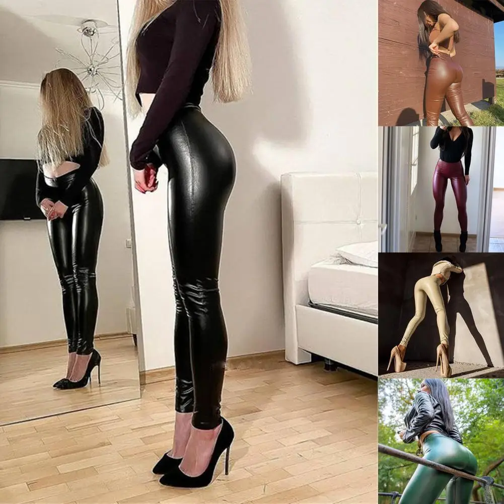 Fashionable  Outdoor Elastic Waist Windproof Faux Leather Pants Warm Faux Leather Pants High Waist   Streetwear