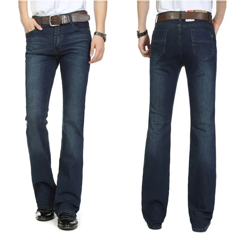 Retro Men's Jeans Trousers Mid Waist Elastic Slim Elegant Boot Cut Semi-Flared Bell Bottom Blue Denim Pants 26-38
