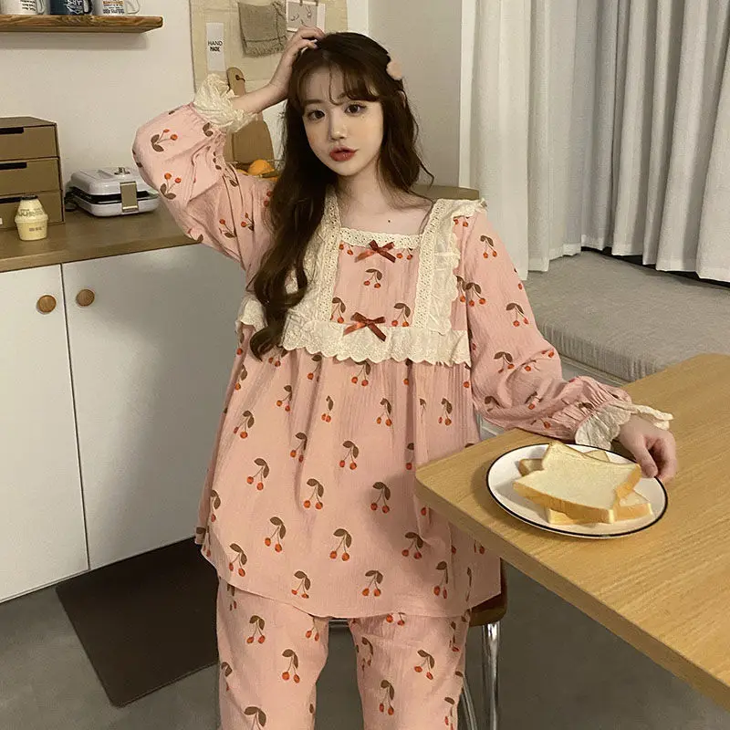 Women Long Sleeve Plaid Pajama Sets Sweet Princess Lace Turn Down Collar Cute Sleepwear Korean Lounge Two Pieces Pyjamas Female