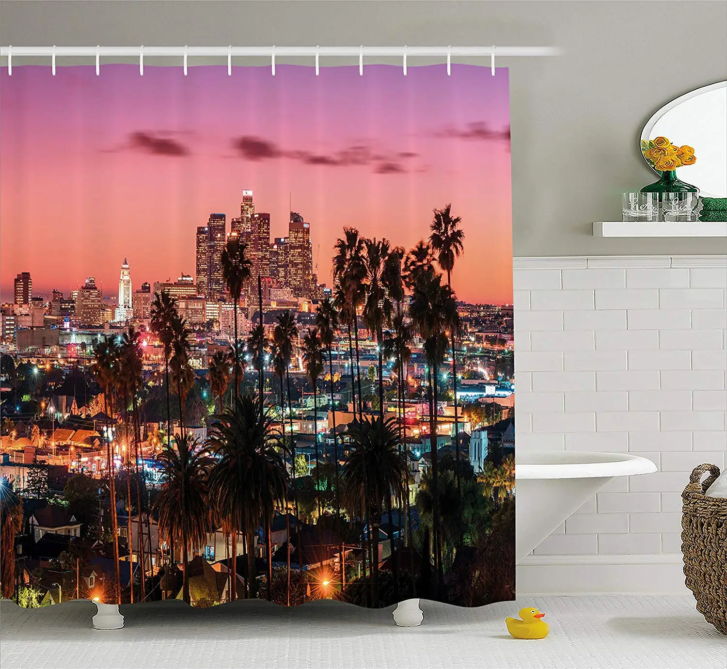 United States Shower Curtain Sunset Twilight Scenery Los Angeles Famous Downtown Palm Trees Fabric Bathroom Decor Set with Hooks