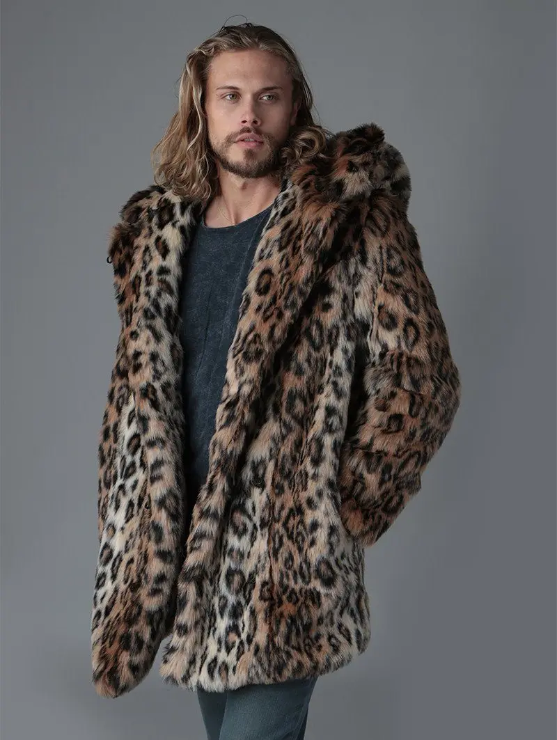 Hot Selling Men\'s Leopard Print Coat Winter Coat Fashion Men\'s Punk Jacket Street Wear Long Faux Fur Coat