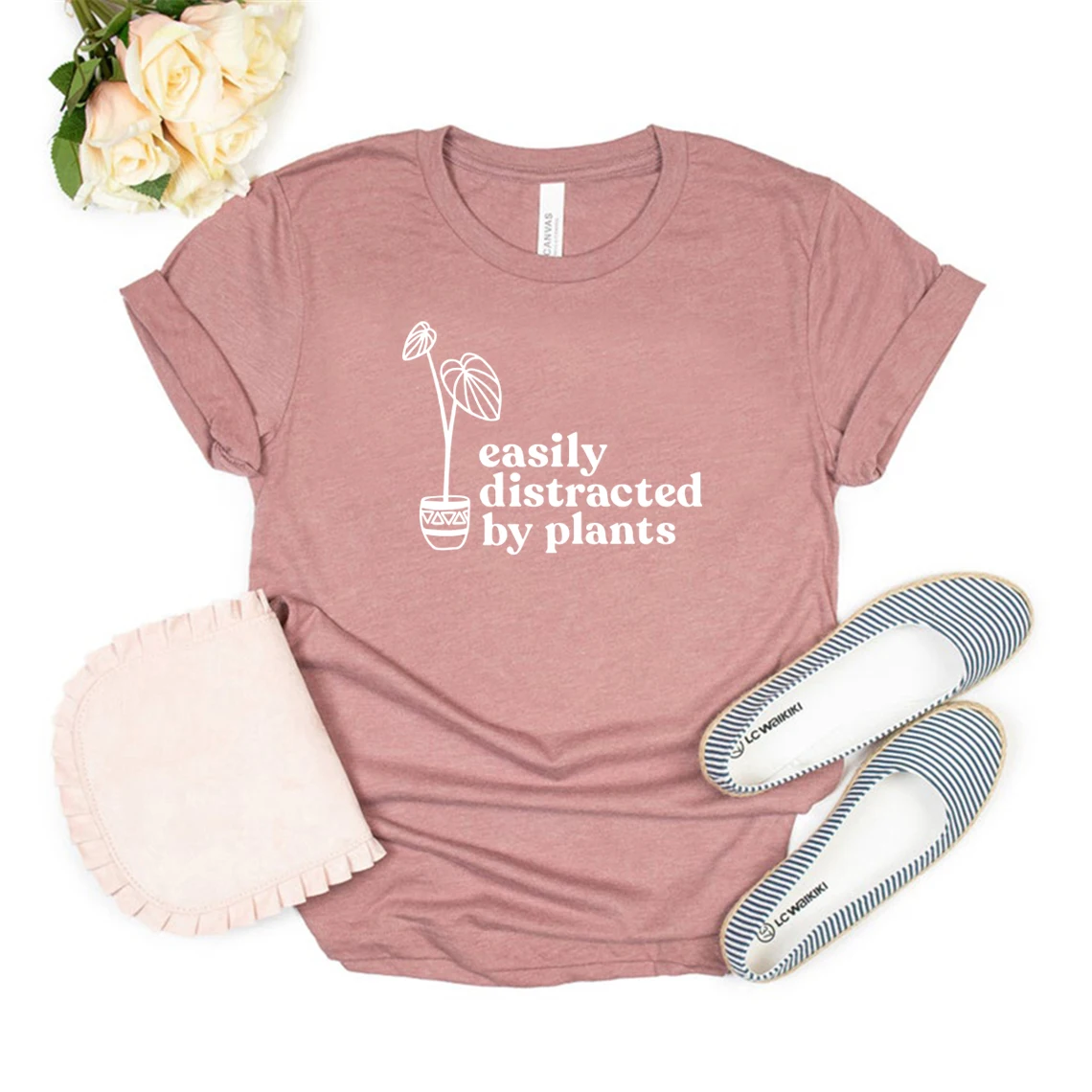 

Easily Distracted By Plants Shirt Plant Lover Tshirt Gift for Mom Graphic Plant Tee Woman Tshirts Short Sleeve Crewneck T-shirts