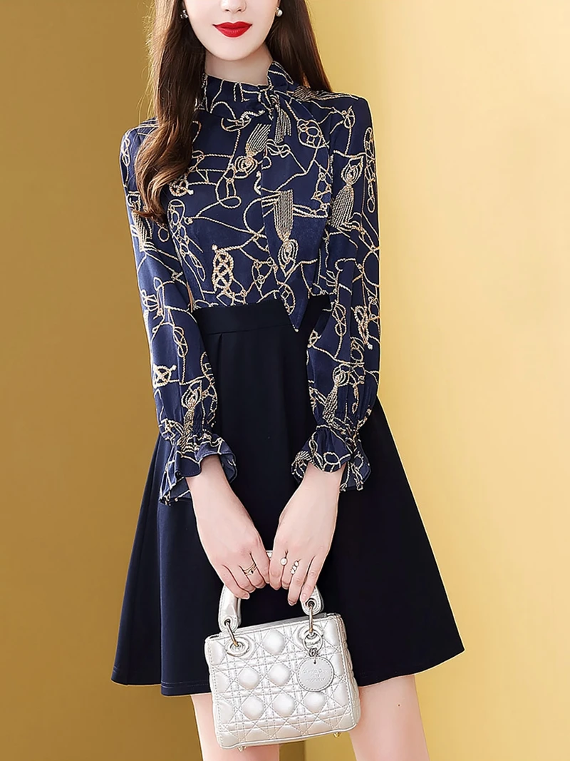 

Office Ladies OL Work Dress Women Fashion Print Tie Midi Dress Ladies French Style Flare Sleeve Navy Blue Knee-Length Dress