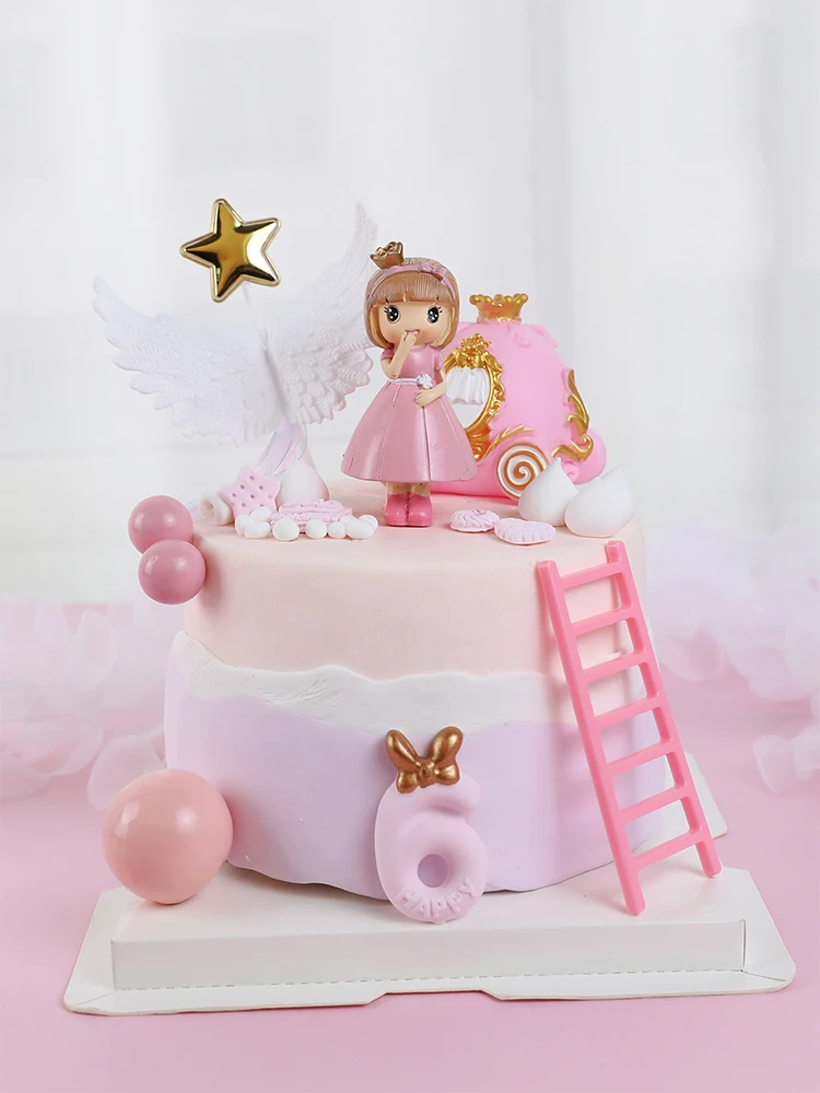 Pink Castle Girl Bow little Princess pumpkin car Girl's Happy Birthday Cake Topper Kid Party Supplies Pink Love Gifts view 2