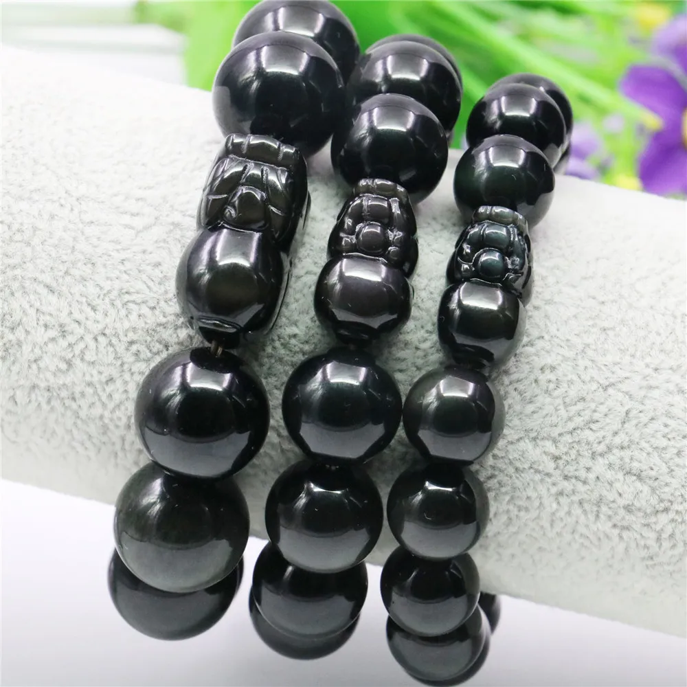 

8 10 12 14 16mm Natural Round Black Obsidian Agates Brave Troop Bracelet Onyx Jaspers Stone Women Men Girl DIY Hand Made Jewelry