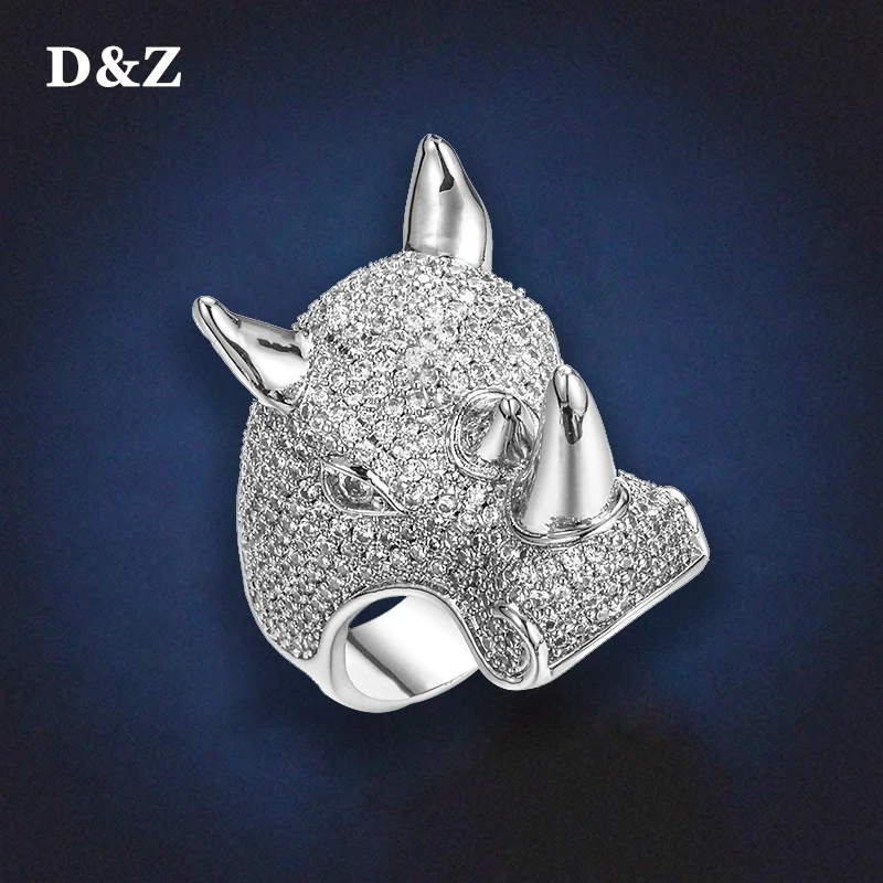 D&Z New Animal Rhino Ring High Quality Copper Ring Iced Out Cubic Zircon Stones Hip Hop Fashion Delicate Jewelry Gift Men Women