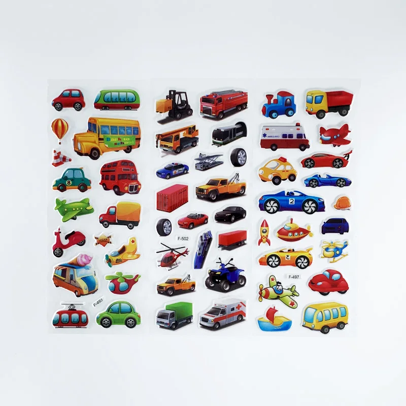 12 fogli diversi cartone animato traffico auto aeromobili adesivi fai da te giocattoli Scrapbook in PVC per bambini diario Notebook decorazione regali