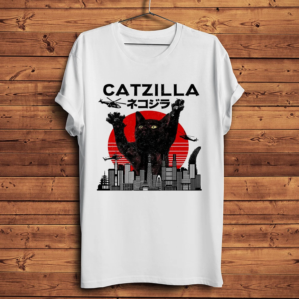 Camiseta divertida de gato kaiju catzilla para hombre, camisa informal de manga corta con cuello redondo, ropa de calle unisex, color blanco, novedad de verano