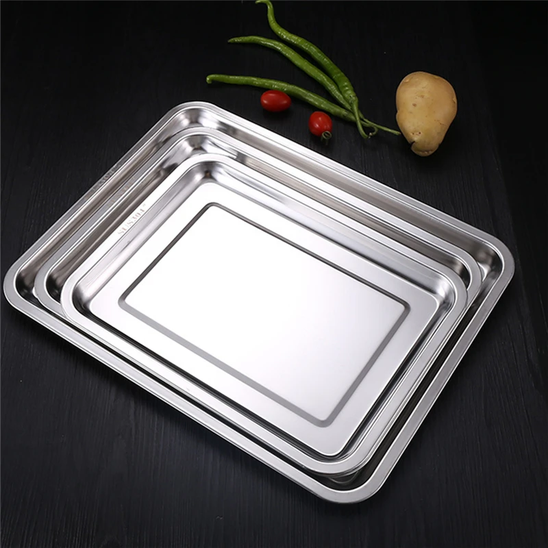 Stainless Steel Barbecue Trays Pastry Cake Dessert Baking Pan Fruit Snack Storage Plate Food Container Kitchen Organizer Dish