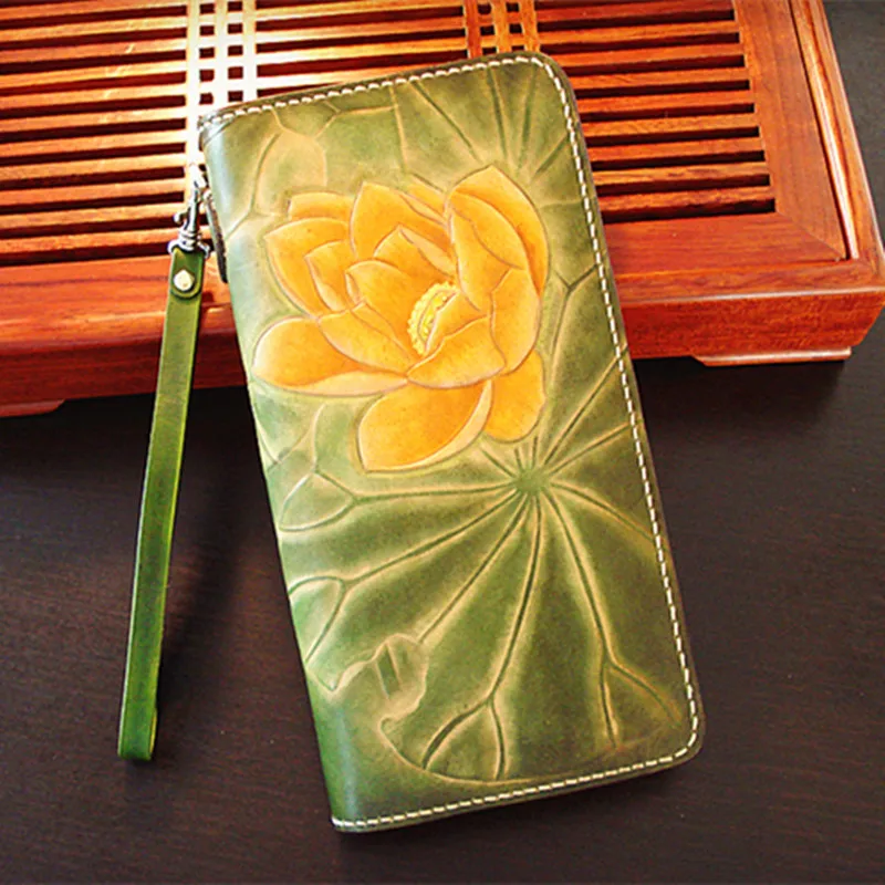 Handmade Lady Genuine Leather Wallets Carving Lotus Bag Purses Women Long Clutch Vegetable Tanned Leather Wallet