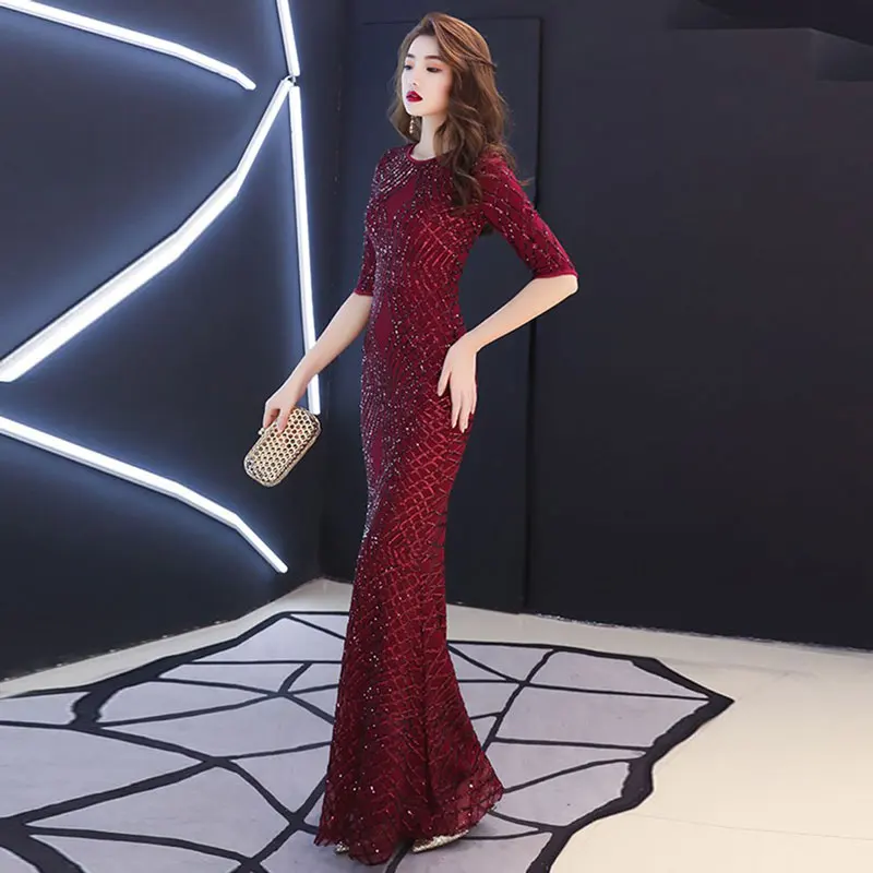 스트레치 스팽글 섹시한 머메이드 하프 슬리브 vestidos de fiesta de noche 파티 파티 이브닝 드레스 robe de soiree gown long frock