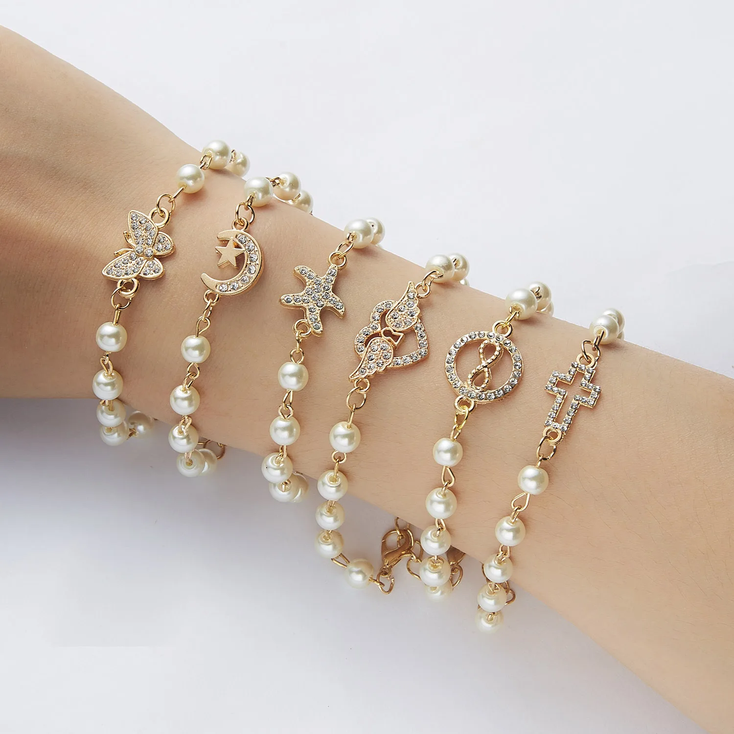 Korean Fashion Star Starfish Cross Butterfly Angel Wings Charm Imitation Pearl Bracelet For Women Jewelry Summer Beach Style