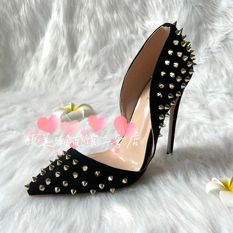 TOMONYE  black suede gold rivets stud open in the middle plus big size46  extra small size33 women lady 120mm high heel shoes