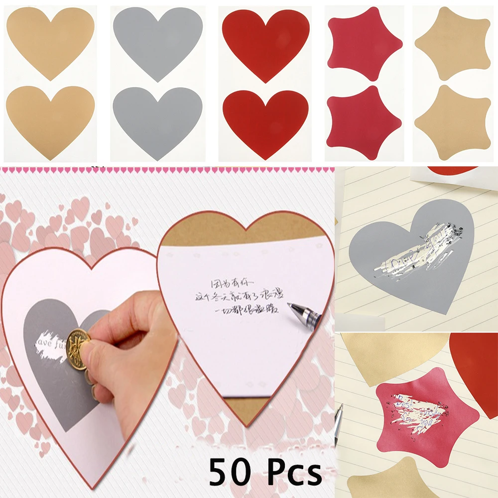 50Pcs/Set Color Multi-use Cute Love Pentagram Shape Scratch Card Sticker DIY Postcard Wedding Gift Self-adhesive Coating Sticker