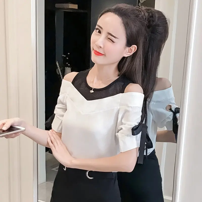 Fashion Women Spring Summer Style Chiffon Blouses Lady Casual Bow Short Sleeve O-neck Solid Loose Elegant Women Tops DF3476