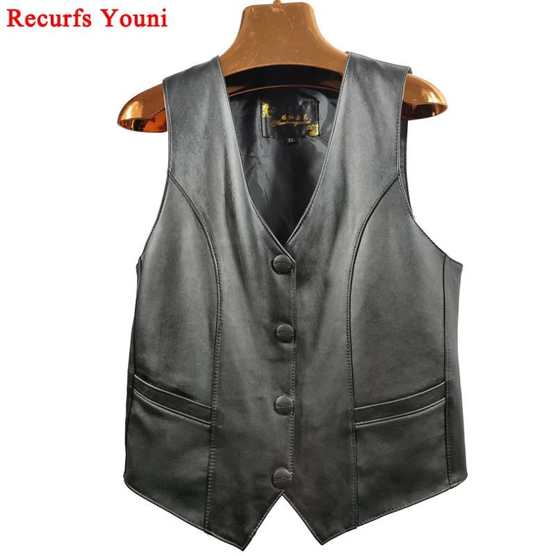 

Women Sheepskin V-neck Waistcoat Femme Vintage Black Genuine Leather Vest Mujer Classic Top Quality Plus Big Size Suit Ropas