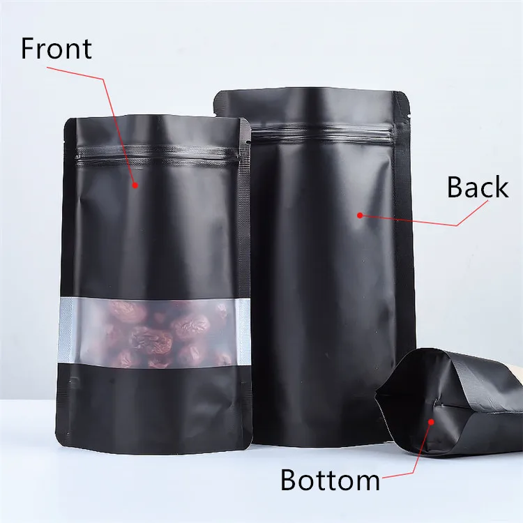 100PCS Stand Up Matte Black Aluminum Foil Window Ziplock Packaging Bag DIY Coffee Tea Pet Food Snack Biscuit Fish Feed Pouches