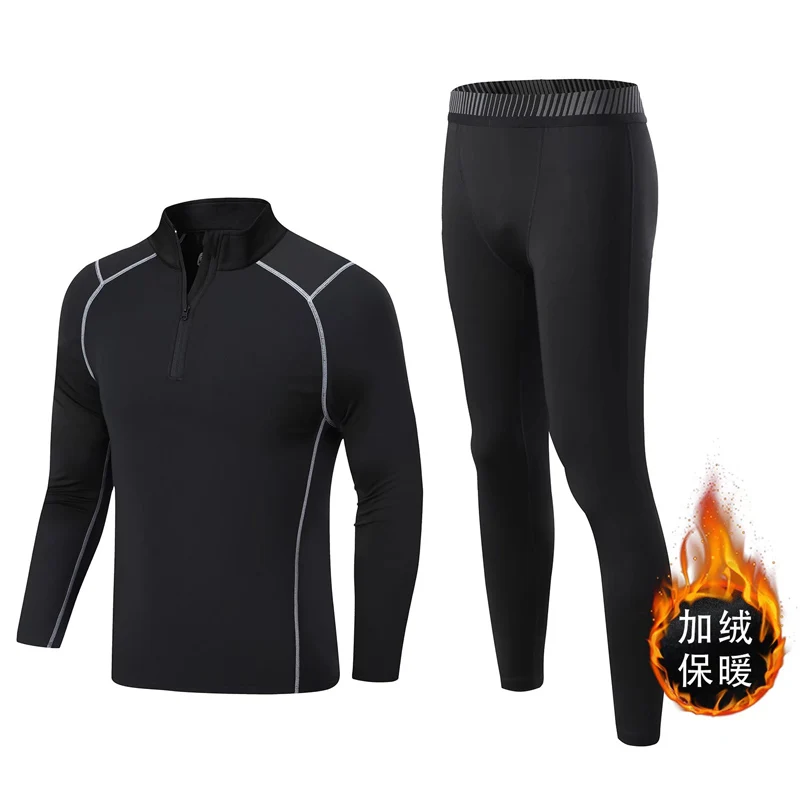 Winter Compression Sportswear Men's Fleece Fitness base layer kids outdoor Jogging suit Thermal Ski underwear 2 piece Tracksuit