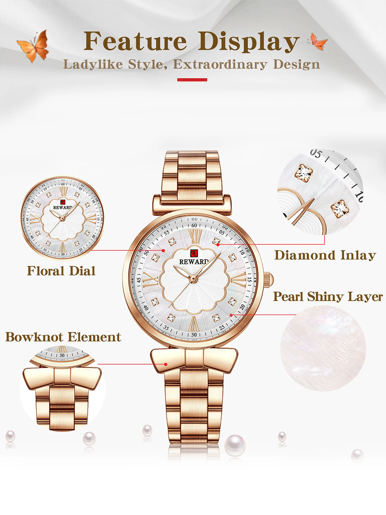 New REWARD Women Quartz Watches Fashion Lady Stainless Steel Wrist Watch Waterproof Luminous Superthin