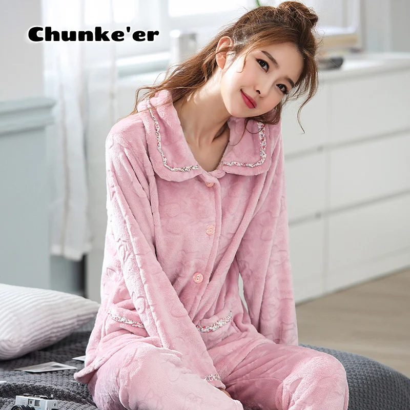 2021 Flannel Pajamas Women's Autumn And Winter Thick Lovely New Long Sleeve Korean Large Cardigan Suit Home Clothes pajama set