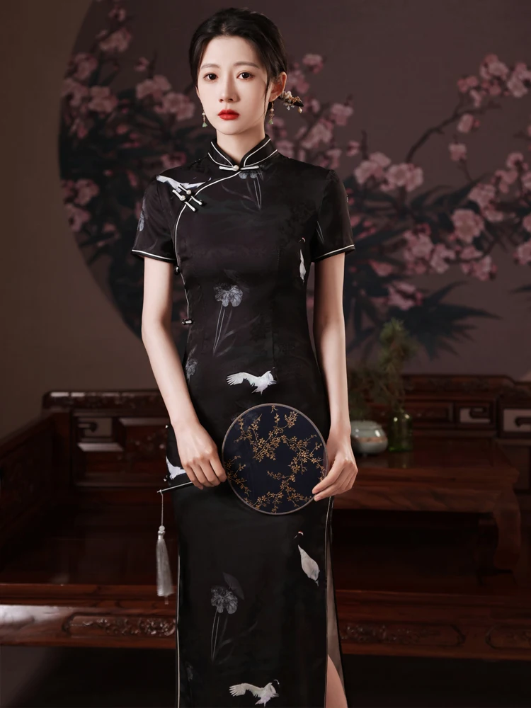 

Chinese Dress Woman Black Plus Large Size Qipao Printing Satin Cheongsam New 2021 Long Cheongsam Dress Traditional Retro Qipao D