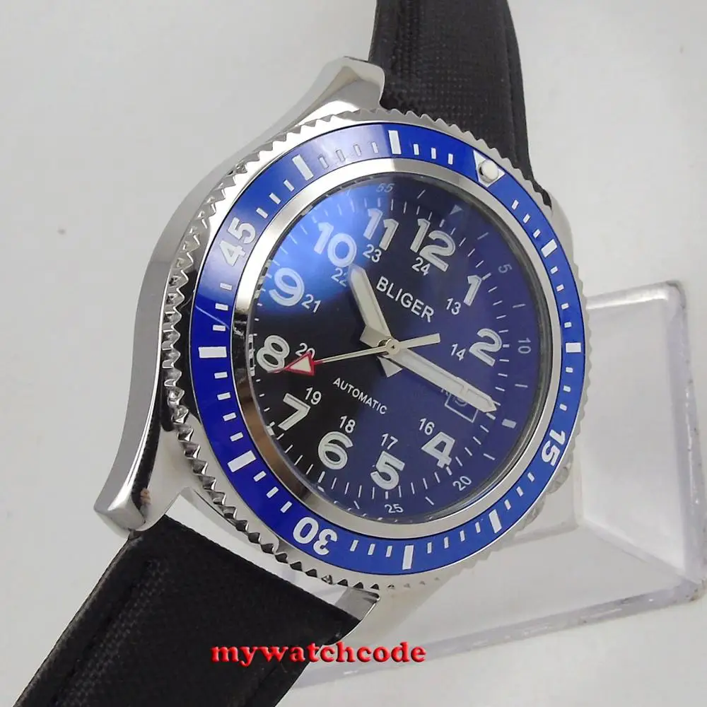 44mm BLIGER blue dial Leather Strap rotating Bezel Date window Mingzhu/MIYOTA automatic movement Men Watch Relogio Masculino