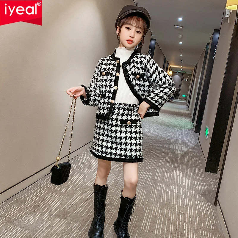 IYEAL Girls Clothing Set New Fashion Girl Clothes Long Sleeve Plaid Kids Suit Tops+Skirt 2pcs Elegant Children Clothing Outfits