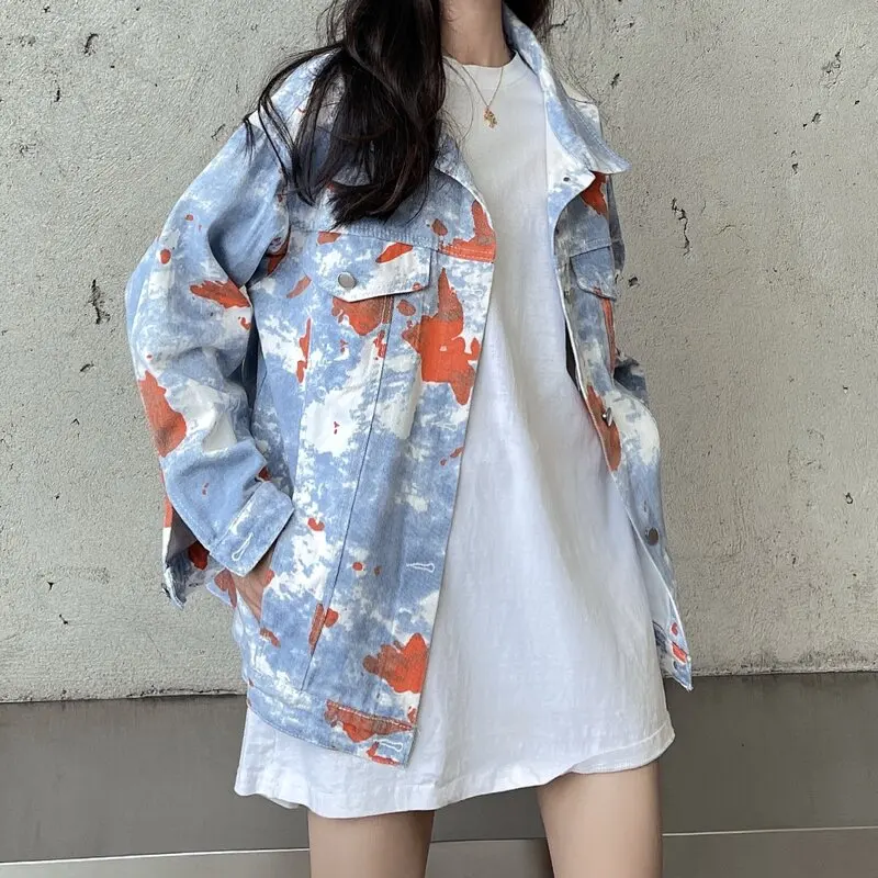 

Fashion Women Denim Jacket Coat 2021 Autumn Tie dye Long Sleeve Jackets Casual Loose Button Denim Jackets