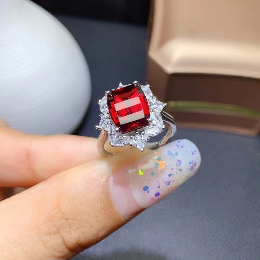

KJJEAXCMY fine jewelry 925 sterling silver inlaid Natural garnet Women's popular vintage square gem adjustable ring support dete