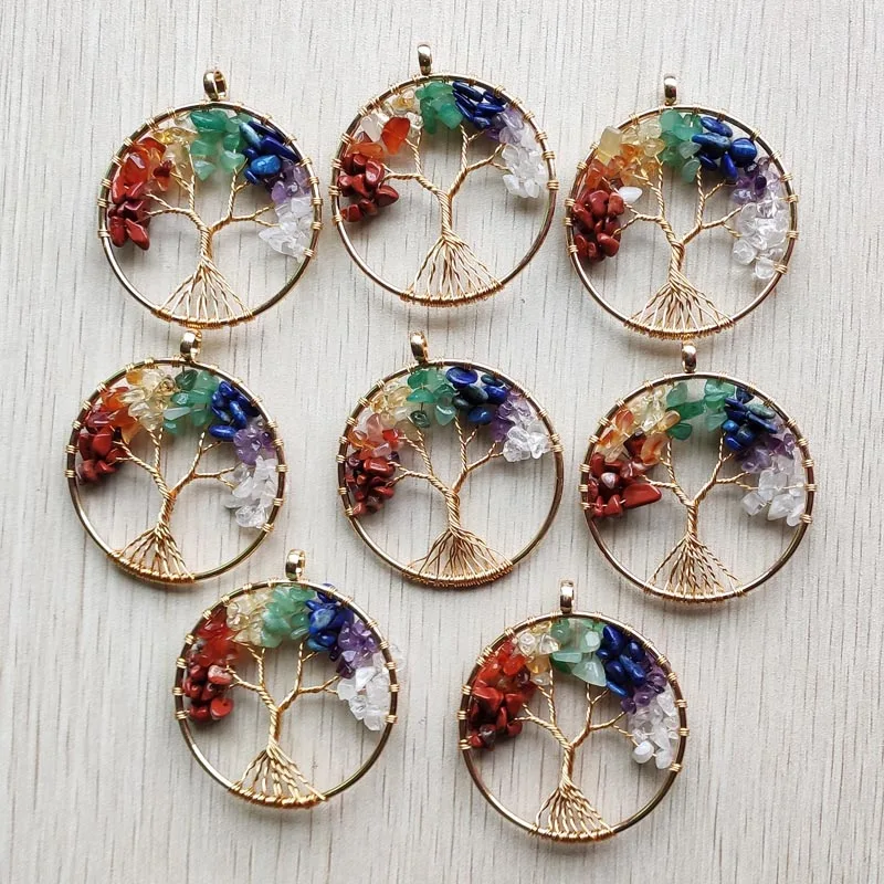 

Wholesale 8pcs/lot 7 Chakra stone Tree of life handmade gold plated wire wrapped Pendants 50mm for jewelry accessories marking