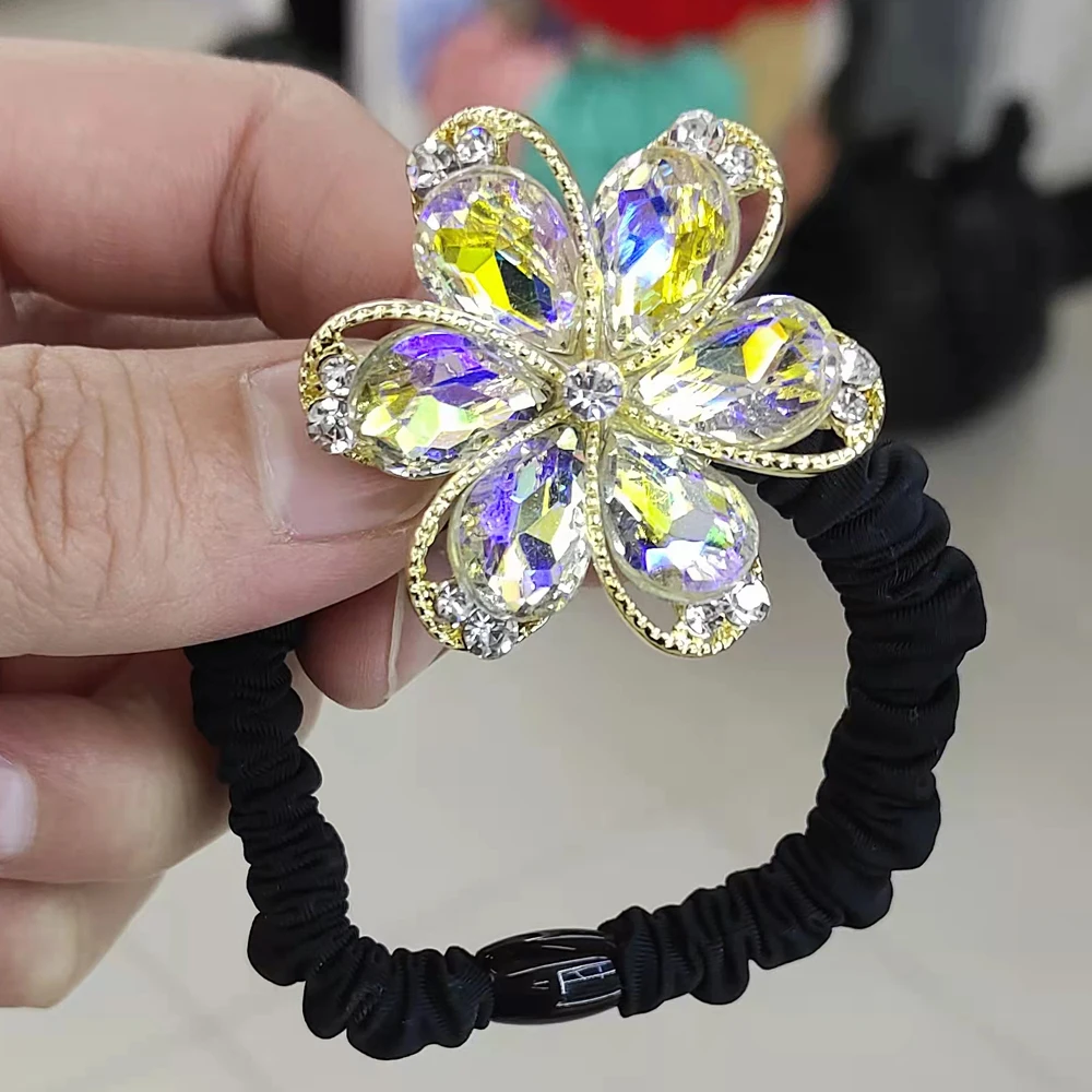 New Fashion High Elastic Rubber Band With Shiny Crystals For Women Headwear Colorful Flower To Fix Hair Trend Hair Elastic Band