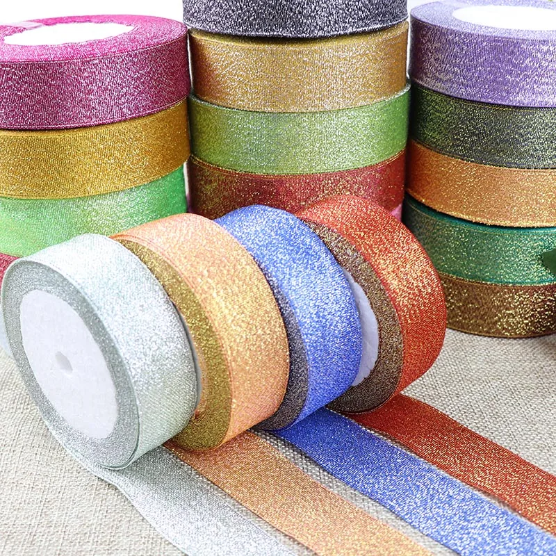 25 Yards/Roll Metallic Glitter Ribbon Christmas Wedding Decoration Ribbon DIY Bows Gift Wrapping Onion Ribbon  6/10/15/25/40MM