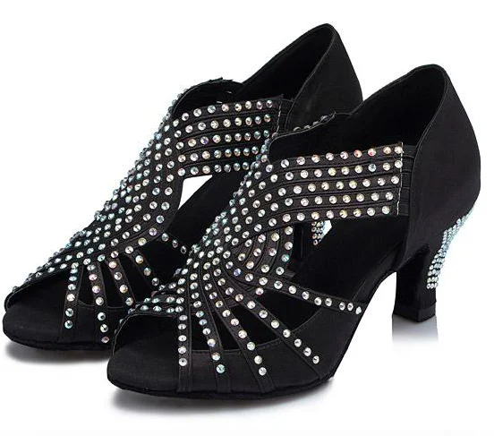 Customized Practice Women Dance Shoes Black Rhinestone Latin Salsa Ballroom Shoes Ladies Low Heel Girls Party Dancing Shoes