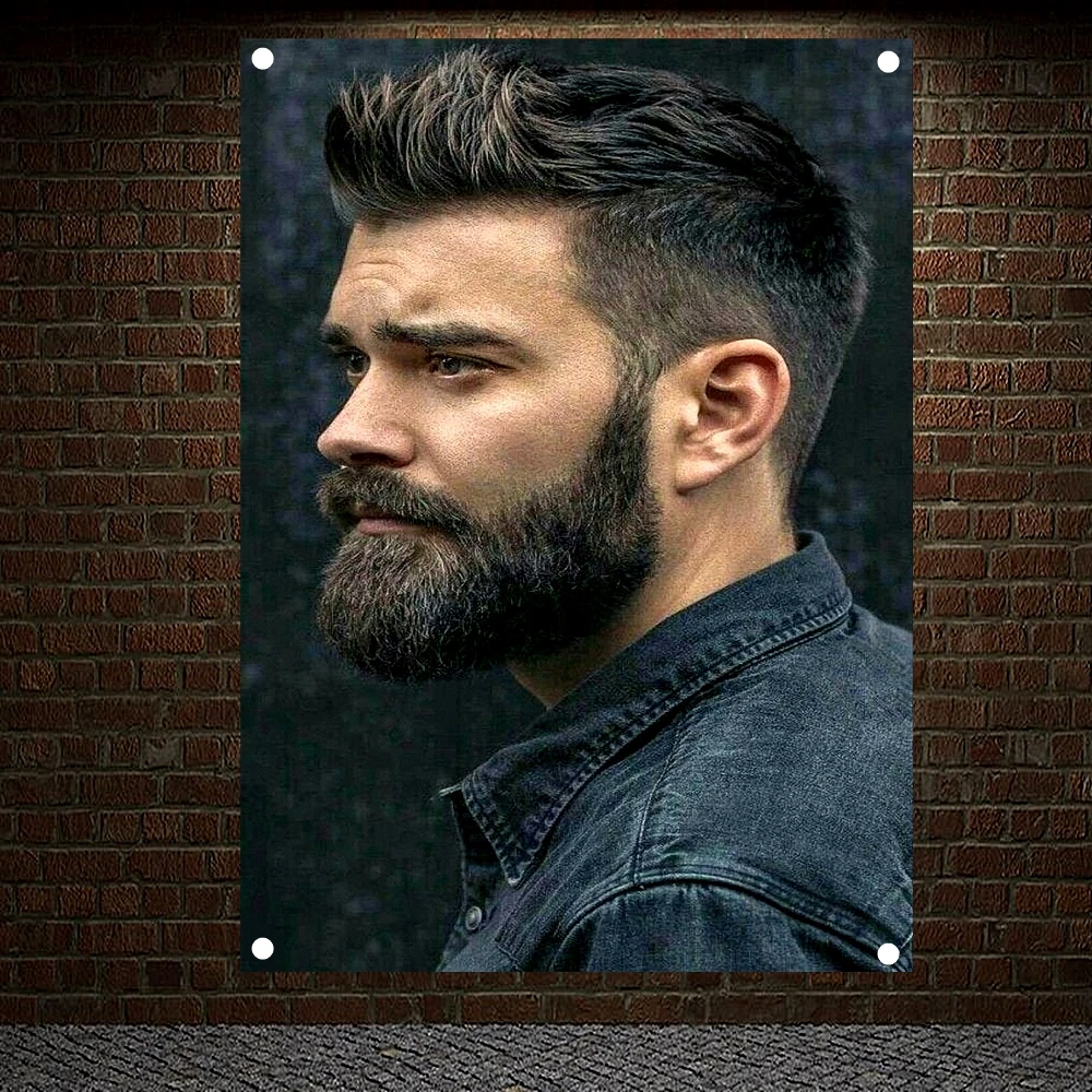 Men's Classic Hairstyle Beard Cloth Poster Print Art High Quality Banner Flag Wallpaper Tapestry Barber Shop Home Decoration B2