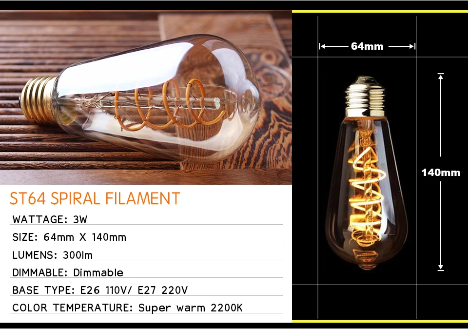 Retro dimmbare LED Edison Glühbirne E27 3W Gold Spiral-Filament ST64 G125 Ampoule LED Lampe Glühbirne Kronleuchter Dekorative Beleuchtung – Detail 10