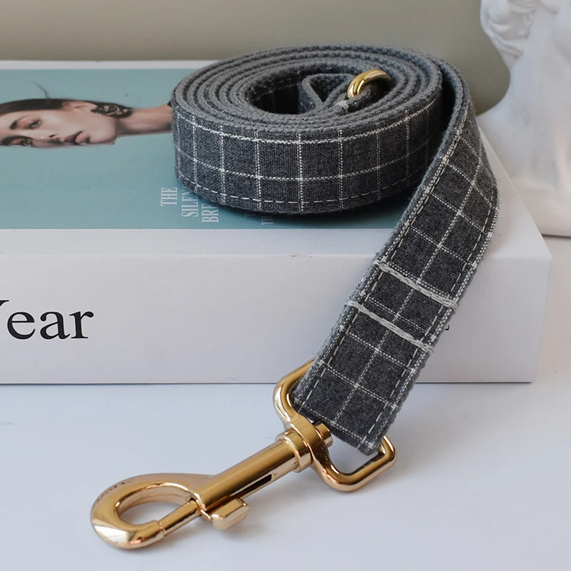 Comfortable and durable gray plaid dog collar and dog leash for pitbull bull terrier Rottweiler german free engraving Grid 03