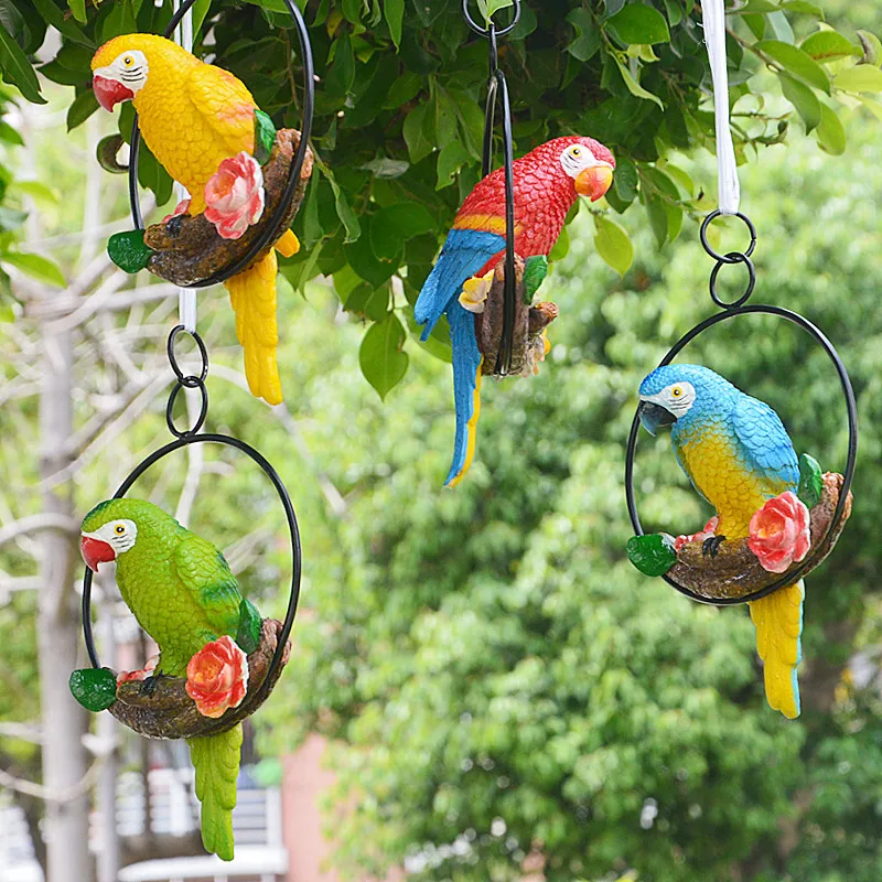 Creative Resin Parrot Hang On Tree Outdoor Garden Decoration Statue Animal Sculpture For Home Office Room Garden Decor Ornament