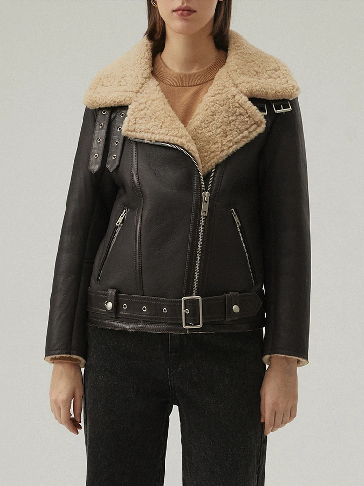 New Womens Shearling Jacket Black Leather Jacket Short Motorcycle Jacket Winter Fur Coat Natural Sheepskin Coat