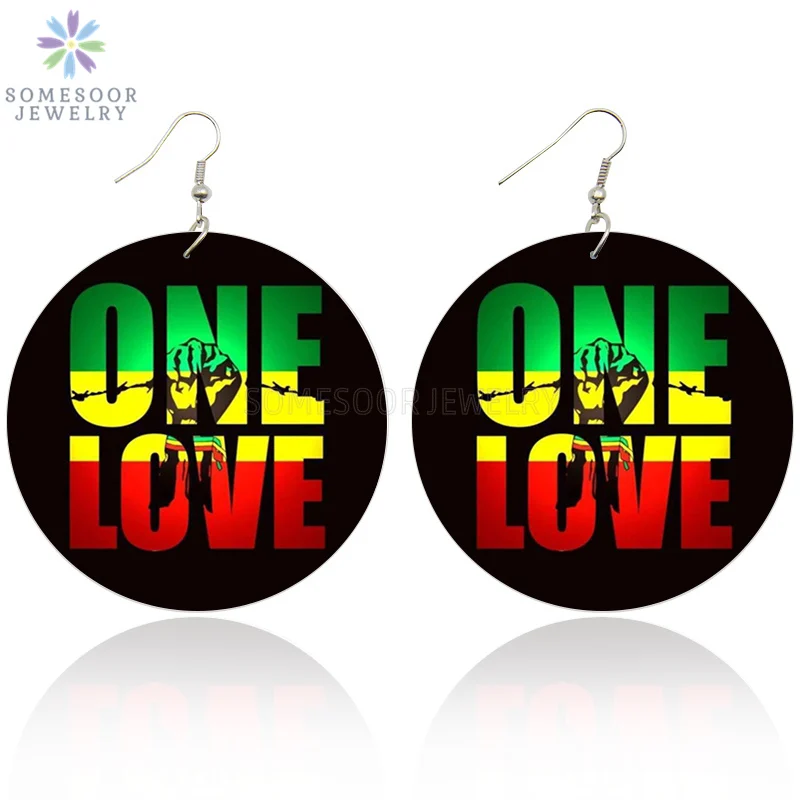 SOMESOOR Double Sides Printing United African Colors Wooden Drop Earrings ONE LOVE Power Fist Black Dangle Jewelry For Women